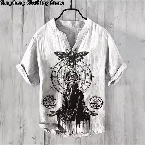 Summer men's short-sleeved POLO shirt linen printed shirt popular elements original large size shirt