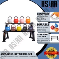 40KG - 192KG Premium Coated Cast Steel Competition Kettlebell Set with 2-Tier Heavy Duty Storage Rac
