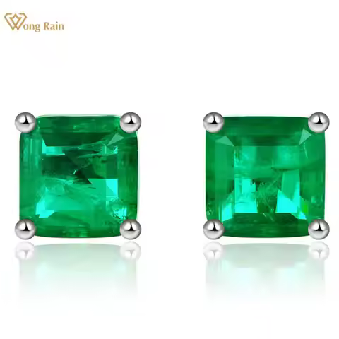 Wong Rain Vintage 100% 925 Sterling Silver Emerald Cut Emerald Gemstone Earrings White Gold Ear Stud
