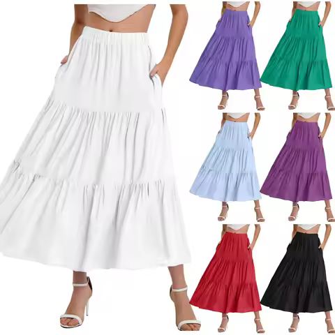 Skirts For Women Summer Bohemian Swing Beach Skirt High Waist A Line Flowy Skirts Pleated Layered Ru