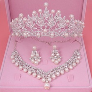 Crystal Pearl Bridal Jewelry Set Rhinestone Necklace Earring Tiara Crown Set For Women Bride Party Q