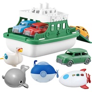 Ferry Boat with 4 Car and 4 Wind Up Bath Swimming Toys, Kids Bath Toy Floating Vehicle Whales Submar