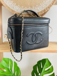 稀有 - 香奈兒Chanel中古荔枝皮雙C大logo化妝包 - 附揹帶吊飾