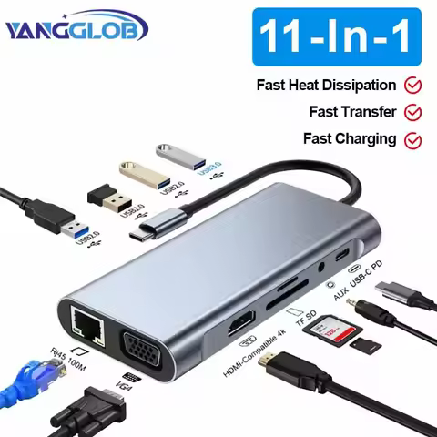 4K 30Hz USB C Docking Station Type C to HDMI-compatible VGA RJ45 Adapter USB 3.0 HUB Splitter For La