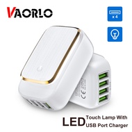 VAORLO 4.4A LED Night Light 4 Port USB Charger Folding Plug US EU UK Travel Wall Charger Touch Lamp 4 USB Charger Adapter