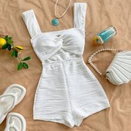 WYWH ชุดจั๊มสูทผู้หญิงถักลายทาง ด้านหน้าไขว้ คอรูปหัวใจ เปิดหลัง