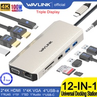 WAVLINK 12-In-1 USB C แท่นวางมือถือแสดงผลสามปลั๊กแอนด์เพลย์ Type-C แล็ปท็อปฮับที่มี2X4K HDMI 1x 2K พ
