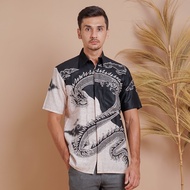 BATIK TRUSMI Hem Kemeja Pria Lengan Pendek Motif Mega mendung Naga Hitam DNG untuk Kerja