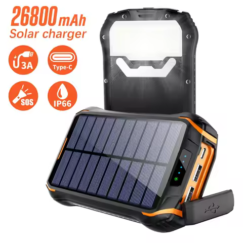 Solar Power Bank 26800mAh With Camping Light Fast Charging External Battery Wireless Charger Powerba