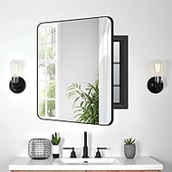 LAMCHMOR Medicine Cabinet Mirror, Black Metal Framed Recessed Bathroom Medicine Cabinet with Vanity Mirror,Bathroom Cabinet with Mirror and Adjustable Shelves 24x28 Inch