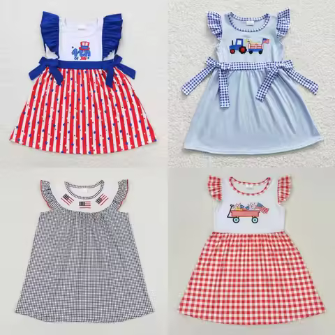 Wholesale Baby Girl July 4th Summer Kids Short Sleeves Embroidery Flags Dress Children Toddler Stars