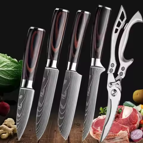 Damascus Laser Kitchen Knives Scissor Japanese Santoku Knife Cooking Chef Knife 7CR17 Stainless Stee