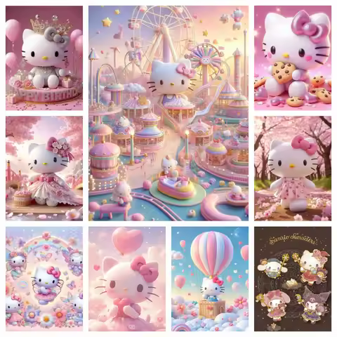 Hello Kitty Cute Pink Cat Diamond Painting Kits Photo Art 5D DIY Full Drills Mosaic Cross Stitch Emb