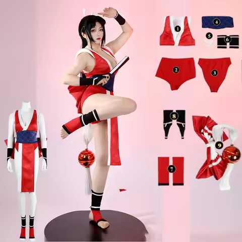 Mai Shiranui Inspired Cosplay Costume Set, Classic Red Ninja Style Outfit with Tail Full Accessories