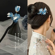 Ice blue flowers wooden hairpin woman new cheongsam Hanfu hairpin headwear