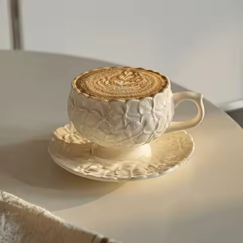 French Cream Relief Coffee Cups Set Cafe Afternoon Tea Coffee Cups Retro Cappuccino Flower Patterned