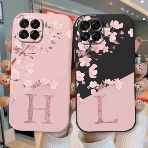 Initial Letter A Z Case For Samsung Galaxy M33 M53 M13 M14 5G Cover Pink Flowers Soft Silicone Back 