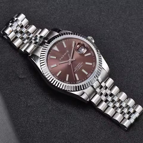 Fashion Parnis 39.5mm Brown Dial Automatic Men's Watches Calendar 21 Jewels Mechanical Men Watch Rel