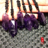 Natural Amethyst Double Pointed Column Hexagonal Prism Pendant Amethyst Rough Stone Polished Sweater Chain Necklace Men's and Women's Ornament