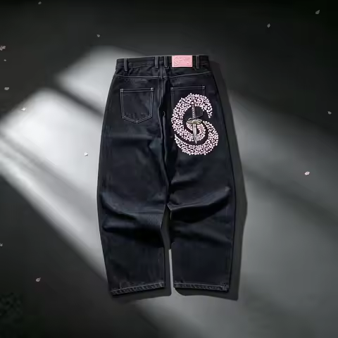 Y2K Black Baggy Jeans Men Pink Cherry Blossom Samurai Sword Embroidery Wide Leg Denim Pants Streetwe