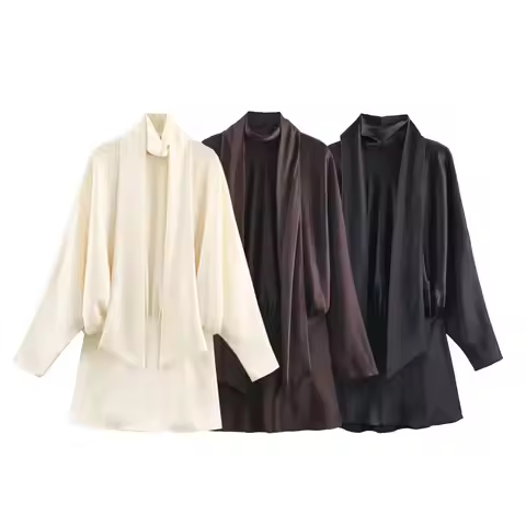 Women's France Elegant Satin Dress Fashion Scarf Decoration Female Short Dress Spring Autumn High St