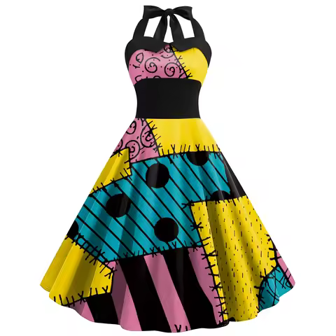Halloween Sally Costume Women Halter Neck Back Tie Swing A-line Dress Patch Print Retro Dress Fancy 