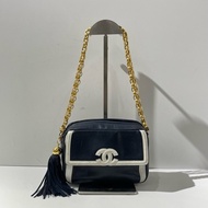 CHANEL香奈兒vintage中古金球流蘇相機包 海軍藍金扣 2開 18*8*12.5cm