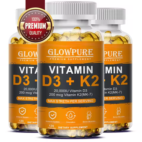 Vitamin D3 K2 Capsule - 20,000 IU Vitamin D3 Promotes Strong Bones, Calcium Absorption, Teeth, Heart