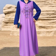 Váy Djellaba đính hạt phong cách Maroc màu khối dành cho nữ có mũ trùm đầu, phong cách tiệc tối sang