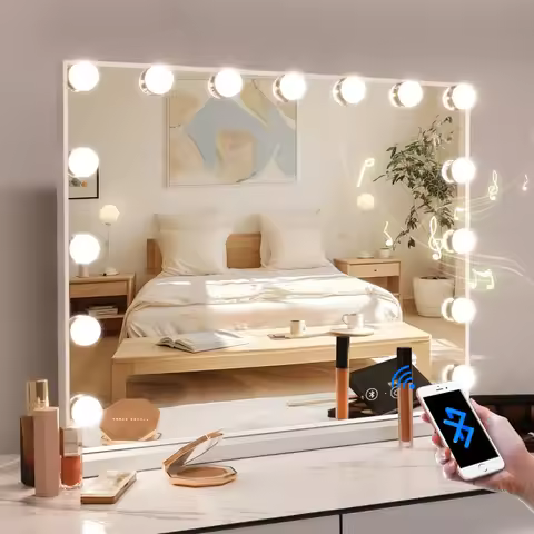 LED Makeup Vanity Mirror with Bluetooth Speaker 15 Dimmable Bulbs 3 Light Modes USB Charge Port Holl
