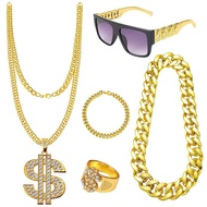 [CRUITR]Dollar Sign Necklace Set 5 PCS Dollar Sign Pendant Necklace Ring Set 80s 90s Hip Hop Costume