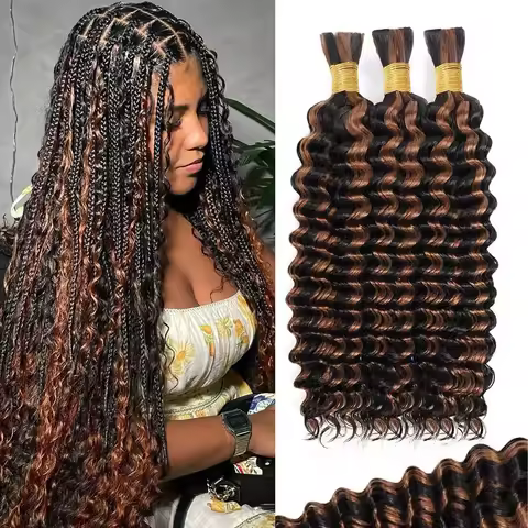 150g 14-24Inch Human Hair Extensions Bulk #1B/30 Black brown highlights Deep Wave Boho Knotless Brai