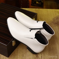 Men White Pointed Toe Leather Boots Side Zipper Chelsea Boots British Style Business Casual Short Bo