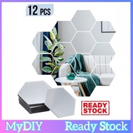 💥READY STOCK💥 12pcs Modern Creative 3D Silver Mirror Geometric Hexagon Acrylic Wall Wallpaper Sticker Cermin Dinding Hiasan Murah Besar Perak Decor Rumah Ruang Tamu
