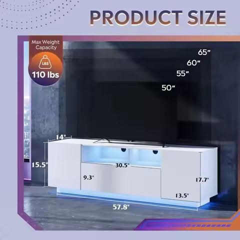 65 Inch TV Stand with LED Lights, Entertainment Center for 50-65 Inch TVs, Modern TV Console with St