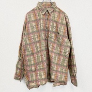 古著GLOBE TROTTER 長袖襯衫，復古設計，全印花，胸前口袋，格子圖案，米色