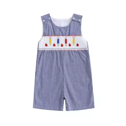 Boy Back to School Romper Overalls Pencil Apple Embroidery Plaid Print Sleeveless Round Neck Jumpsui