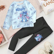 Back To School Toddler Girls' Fashion Casual Cute Rabbit Digital Print Blue Outfit, Cartoon Round Ne