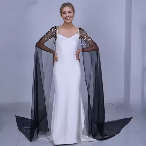 Long Tail Flowing Sleeves Pearl Wedding Wrap Long Bridal Shawl Cape Black White Tulle Elegant Party 