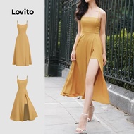 Lovito Casual Plain Double Layer Spring/Summer Yellow Dress for Women L134ED374