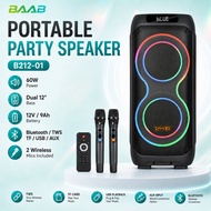 BAAB B212-01 Portable Party Speaker 60W Dual 12" Portable Speaker with 2 Microphones RGB LED Light T