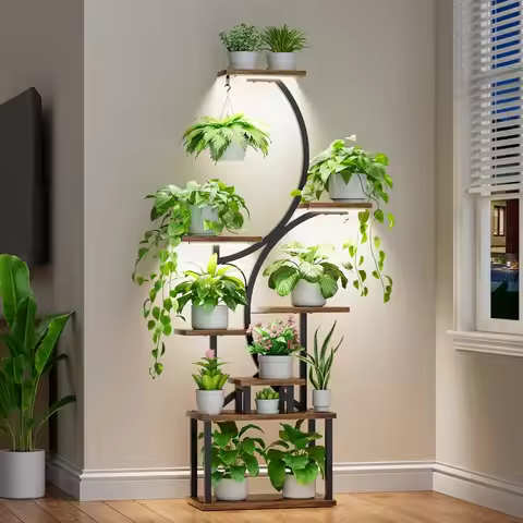 Tall 8 Tier Indoor Plant Stand with Grow Lights Corner Shelf S-Shaped Flower Holder for Living Room