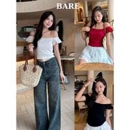 BARE_Korean Style Off-Shoulder T-Shirt with Cute Ruffle Hem Bodycon Waist Shirt_A444