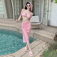 Women's 2-Piece Long Bikini V1 Breast Enhancer, Sexy Pink Skirt with Wavy Pattern 0398 D9T4 K08 Biki
