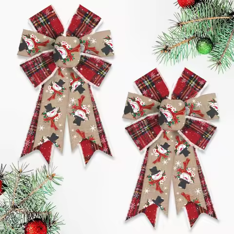 2pcs Snowman Christmas Bows 8.46 X 12.99 Inch Red Beige Wired Craft Bows for Wreath Tree Topper Fron