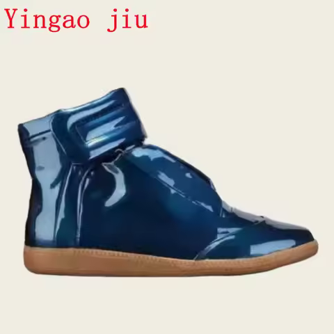 News Shoes Shiny Leather Luxury Trainers Ankle Lace Up Sneaker High Top Streetwear Walking Shoe Bask