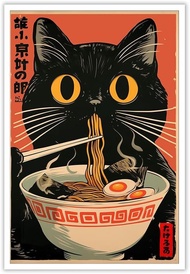 Vintage Black Cat Eating Ramen Posters Cute Funny Cartoon Cats Canvas Wall Art Japanese Noodle Quirk