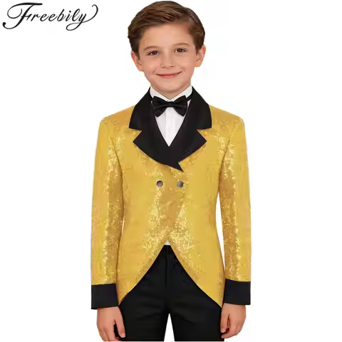 Children 70s Disco Party Suits Coat Kids Boys Glittery Tuxedo Blazer with Bowtie Sequins Blazers Tai