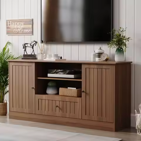 63 in Farmhouse TV Stand for TVs up to 70 Inch, Modern Entertainment Center with Storage Drawer and 
