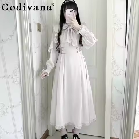 Japanese Rojita Lace Ruffle Dress Women's Edge Waist Long Sleeved Dress Female Spring Subculture Hig